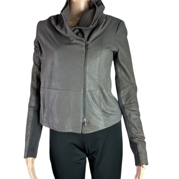 Vince Grayish Brown Goat Leather Moto Jacket - Picture 1 of 7